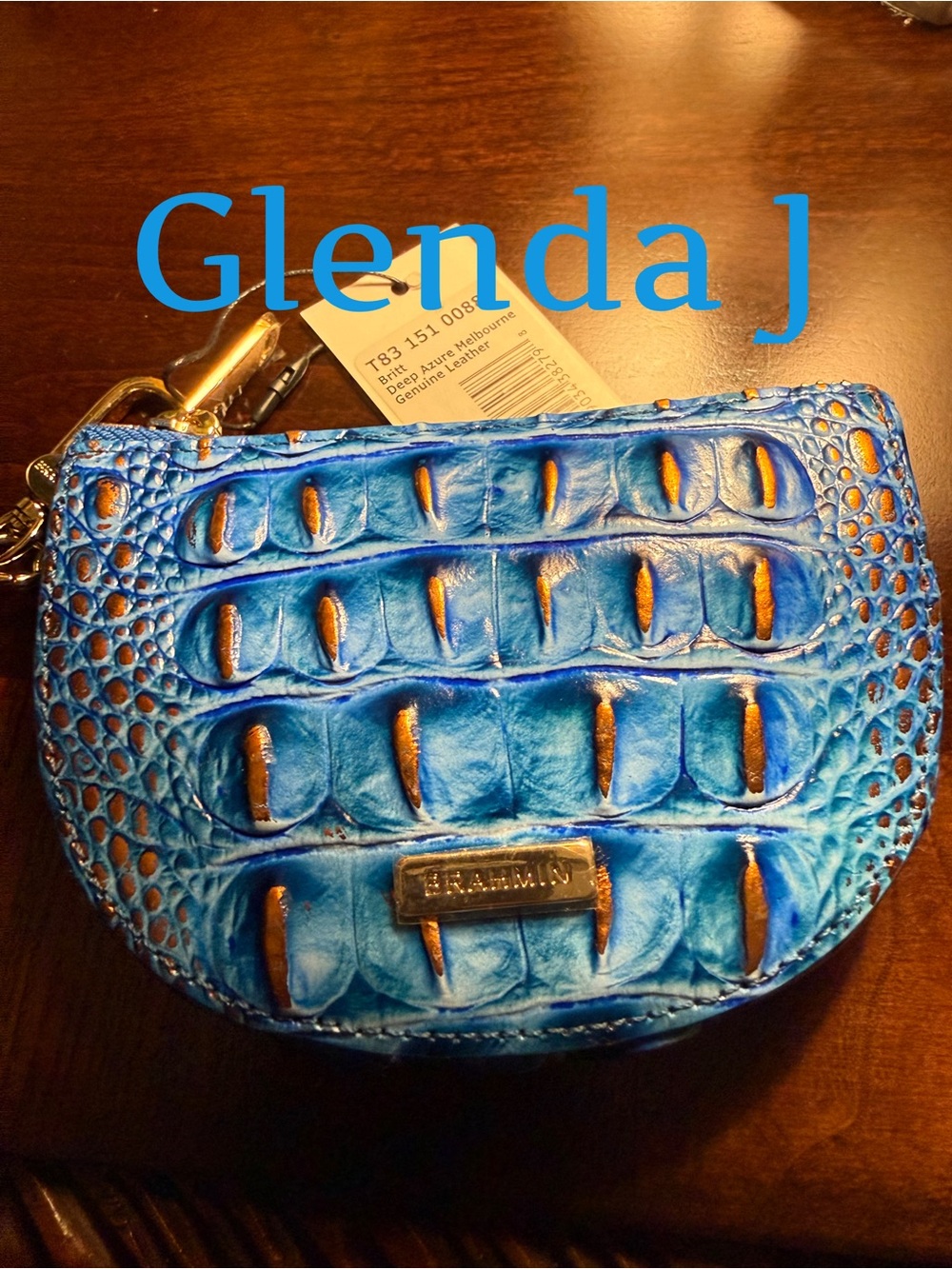 Brahmin Blue Croc-Embossed Leather Wristlet with Gold Accents
